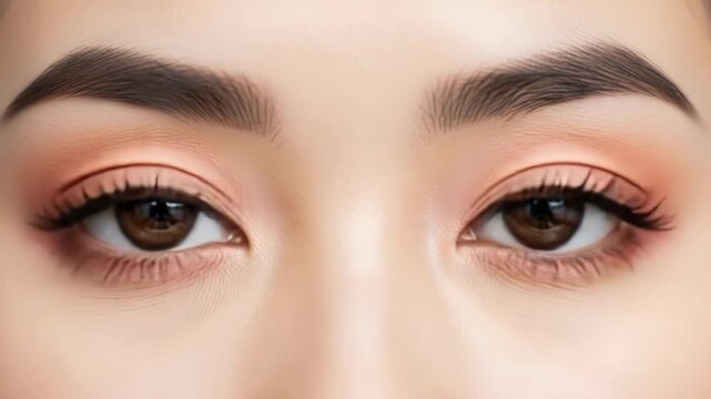 Closeup of a womans beautiful brown eyes with makeup and wellgroomed eyebrows