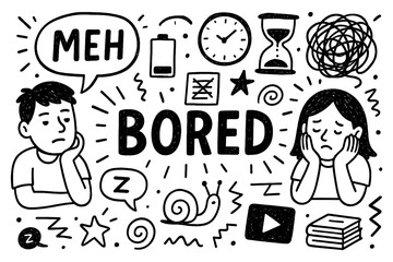 Bored emotion and monotony doodle composition with tired expressions, Transparent Background