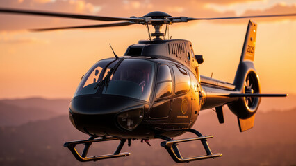 Sleek helicopter in flight against stunning sunset backdrop, showcasing its modern design and powerful rotors