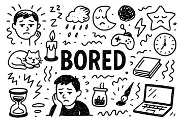 Bored emotion and monotony doodle composition with tired expressions, Transparent Background