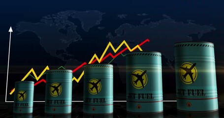 Jet fuel airplane oil barrels on growing chart. Aircraft petrol industrial metal containers with increase statistic diagram.
