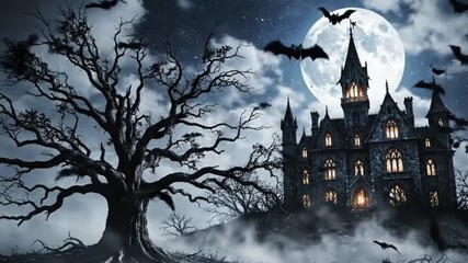 Spooky gothic mansion beneath full moon with bats and gnarled tree - Powered by Adobe