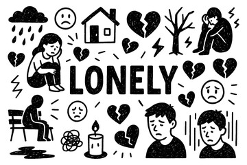 Lonely emotion and isolation doodle composition with sad expressions, Transparent Background