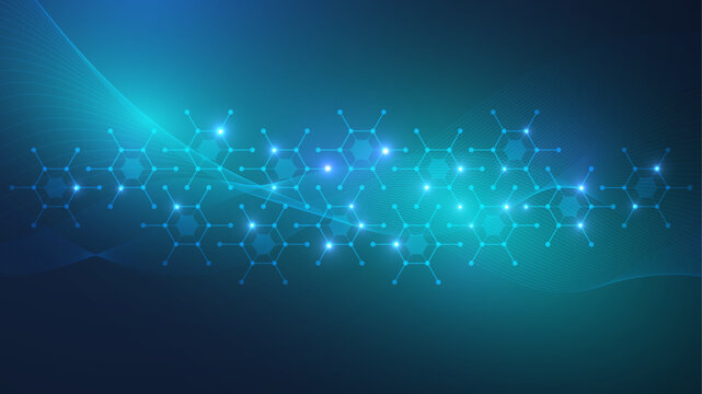 Health care abstract background with hexagons, lines and dots. Medical innovation banner template concept. Biology and pharmaceutical technology background. Vector illustration.