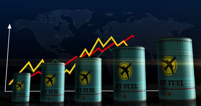 Jet fuel airplane oil barrels on growing chart. Aircraft petrol industrial metal containers with increase statistic diagram.