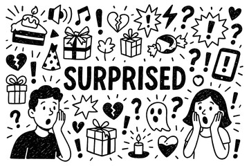 Surprised emotion and excitement doodle composition with expressive reactions, Transparent Background