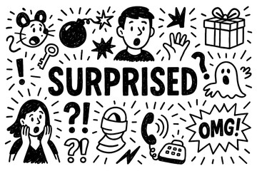 Surprised emotion and excitement doodle composition with expressive reactions, Transparent Background