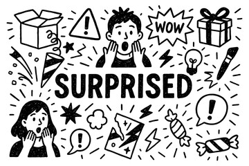 Surprised emotion and excitement doodle composition with expressive reactions, Transparent Background