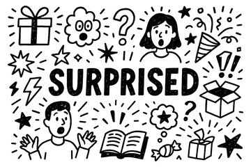 Surprised emotion and excitement doodle composition with expressive reactions, Transparent Background