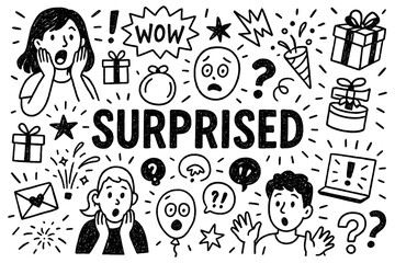 Surprised emotion and excitement doodle composition with expressive reactions, Transparent Background