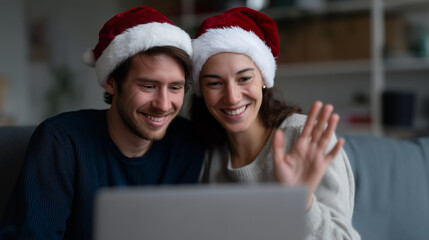 Happy couple wearing Santa hats making video call on laptop, smiling and waving while sitting at home, festive atmosphere with gift box and coffee mug Christmas couple, video chat,