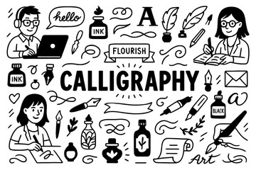 Calligraphy tools and hand lettering doodle composition with artists, Transparent Background