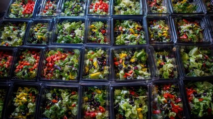 Fototapeta premium Colorful salad packs displayed in a fresh food market vibrant environment overhead view for healthy eating enthusiasts