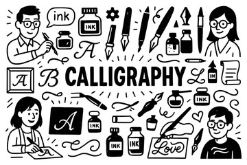 Calligraphy tools and hand lettering doodle composition with artists, Transparent Background