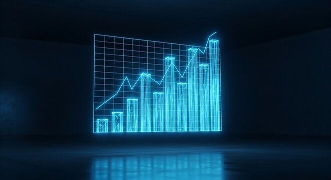 Glowing Blue Bar Graph Showing Upward Trend on Dark Background.