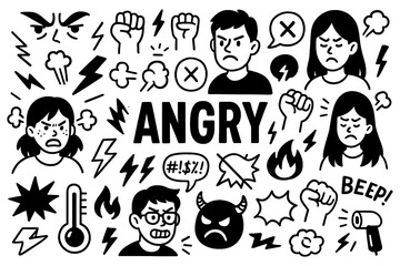 Angry emotions and frustration doodle composition with expressive faces, Transparent Background
