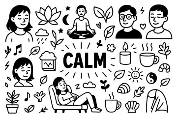 Calm mindfulness and meditation doodle composition with peaceful people, Transparent Background