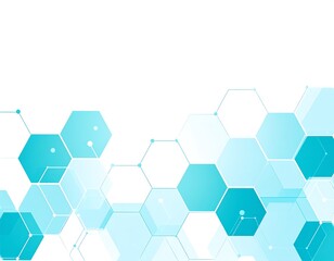 Abstract turquoise and light-blue honeycomb pattern, resembling molecular structures. Interconnected hexagons form a digital design on a white background