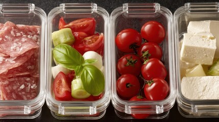 Preparing fresh meal ingredients sliced meats and vegetables in containers kitchen environment culinary concept
