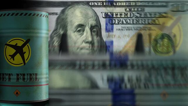Jet fuel airplane oil barrels over USA Dollar money banknotes counting seamless and loopable concept. Aircraft petrol industrial business loop background.