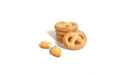 Varians Danish butter cookies isolated on white background with copy space. Whole and broken cookies. Perfect for design element, baked pastry, sweet food concept or any commercial usages.