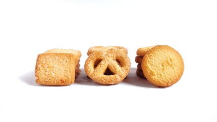 Three Varians of Danish butter cookies isolated on white background with copy space. Perfect for design element, baked pastry, sweet food concept or any commercial usages. Front view.