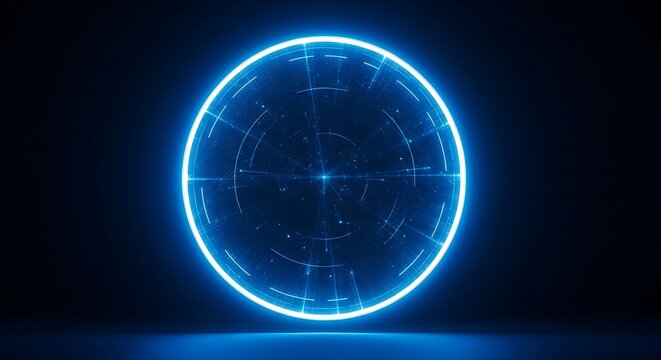 Futuristic Blue Neon Sphere with Digital Grid Overlay.
