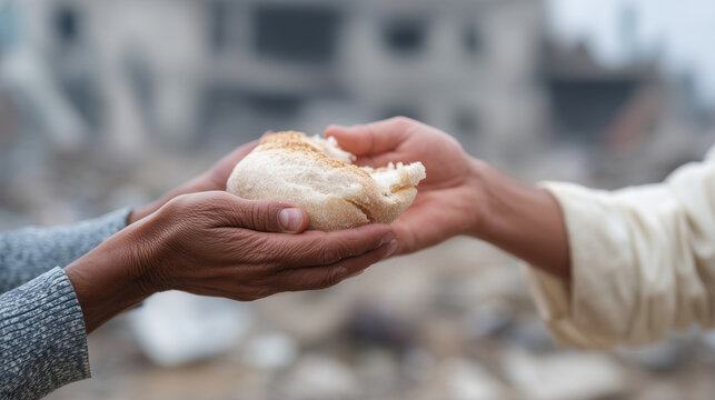 Humanitarian worker distributing bread and water, destroyed background, empathy and compassion scene humanitarian aid, kindness, empathy, hunger, hope, charity, crisis relief, comm
