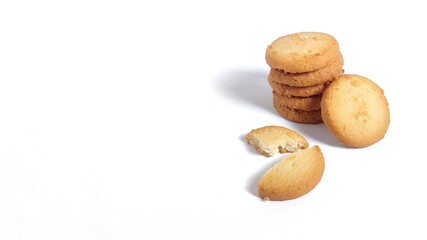 Danish butter cookies isolated on white background with copy space. Perfect for design element, baked pastry, sweet food concept or any commercial usages.