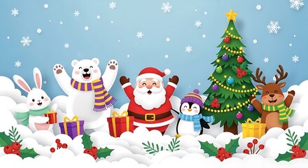 Festive Christmas scene with Santa Claus and friends.