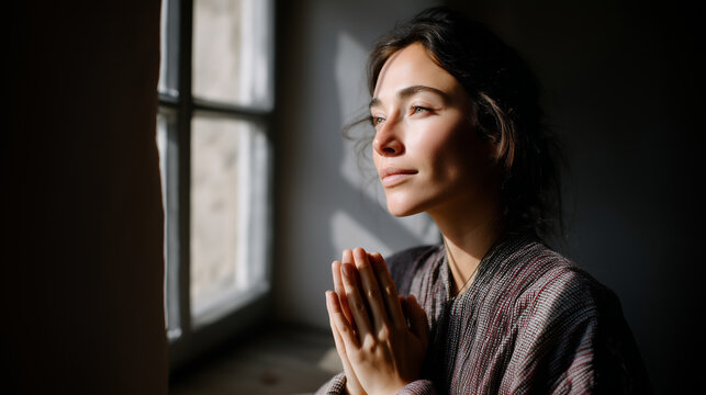 A woman standing by an old window with sunlight touching her hands, representing faith, inner light, and hope beyond confinement hope, light, faith, inner strength, empowerment, hu