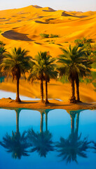 Tranquil Desert Oasis: Golden Sand Dunes Surround Crystal Clear Water Surrounded by Tall Palm Trees in Nature Landscape Scene