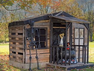 halloween creatures, skeletons, witches, pumpkins on public display. Moreland Hills, Ohio USA