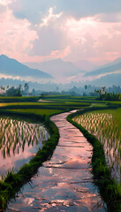 Serene Sunset Pathway: Radiant Colours Amidst Lush Rice Paddies and Majestic Distant Hills in Rural Landscape Photograph