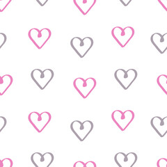 Heart is in pink and grey. Seamless pattern of delicate hearts. Vector illustration, background or wallpaper.