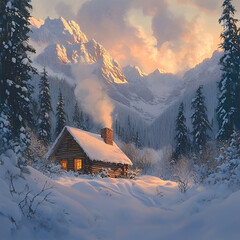 Snowy Cabin in the Mountains, Cozy Cabin in a Snowy Mountain, Snow-Capped Cabin in the Wilderness, Charming Cabin Surrounded by Snow, Mountain Cabin in Winter Landscape, Warmth in a Snowy Mountain Ret
