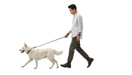 Man walking his loyal white dog on a leash in an isolated transparent background image for