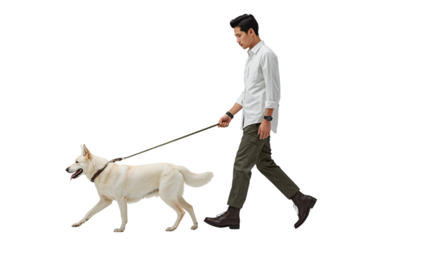 Man walking his loyal white dog on a leash in an isolated transparent background image for