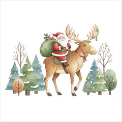Santa Riding Moose Watercolor Vector Illustration on White Background
