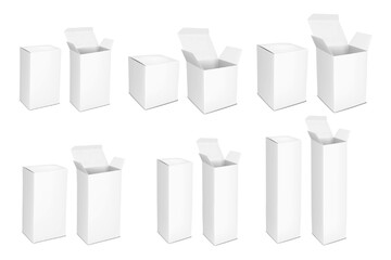 White blank paperboard box with tuck-in flap. Open and closed. 3d mockup set. Cardboard box, paper container packaging. Realistic vector mock-up kit. Carton package. Template for design. Easy editable