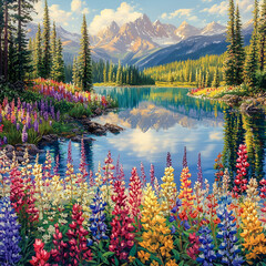 Natural Lake and Colorful Flowers, Colorful Flowers by a Mountain Lake, Serene Lake with Beautiful Flowers, Lake and Vibrant Floral Landscape, Mountain Flowers Reflecting in the Water, Colorful Wildfl