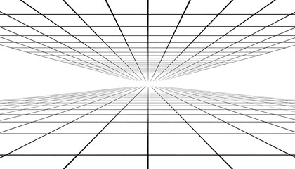 An abstract grayscale geometric composition featuring a grid structure receding towards a vanishing point on a white background, creating depth