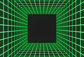 Background of green synthwave square grid to the void with retro grain effect