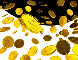 Gold coins with dollar signs, mid-air against a black background