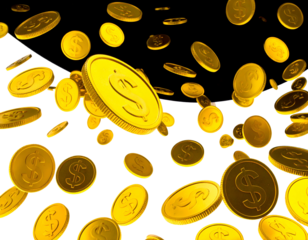 Gold coins with dollar signs, mid-air against a black background