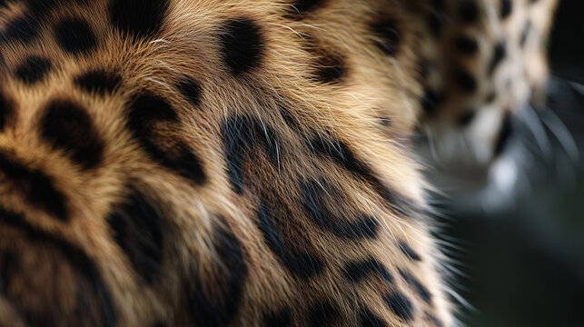 Close-up of a Persian leopard (Panthera pardus saxicolor) detailed fur texture with golden tones and black rosettes, soft natural lighting highlighting the sleek pattern, ultra-rea