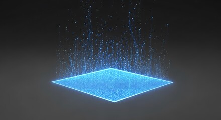 Futuristic Blue Holographic Projection Platform with Digital Particles.