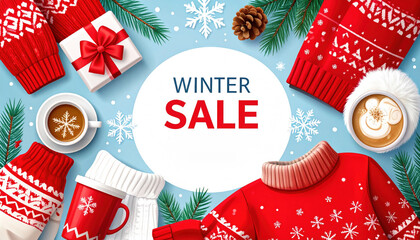 Winter sale banner with cozy red sweaters, hot drinks, and gift box surrounded by snowflakes and pine branches