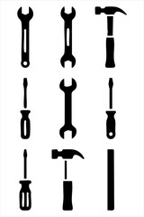 Isolated black set shows hammer, wrenches and screwdrivers on a transparent background