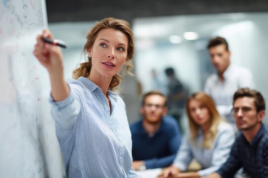 Engaging Business Presentation Woman Executive Pitching Ideas in Corporate Office Environment